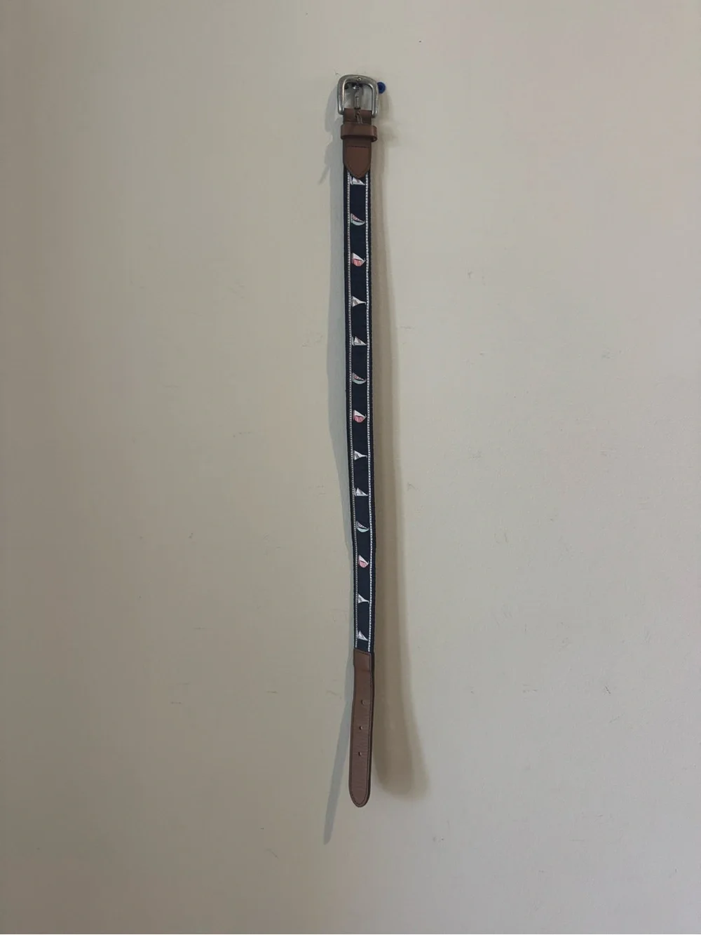 Janie and Jack Navy Sailboat Ribbon Belt with Brown Leather Accents 2t to 3